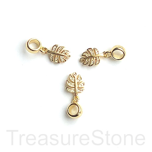 Pave charm, pendant, brass, 9x13mm gold, palm leaf, clear CZ. Ea - Click Image to Close