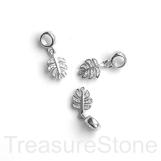 Pave charm, pendant, brass, 9x13mm silver palm leaf, clear CZ.Ea - Click Image to Close