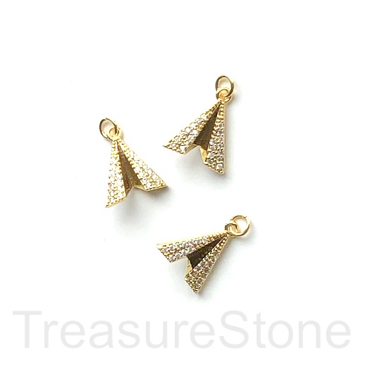 Pave Charm, pendant, 11x12mm paper airplane, gold, clear CZ.Ea