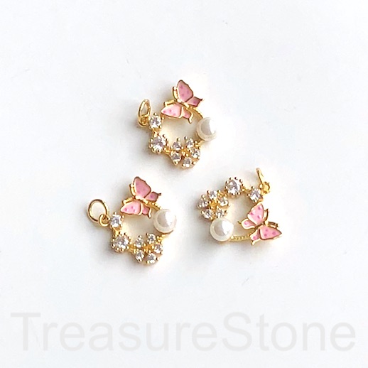 Pave Charm, brass, gold,11x15mm pearl,pink butterfly,clear CZ.Ea