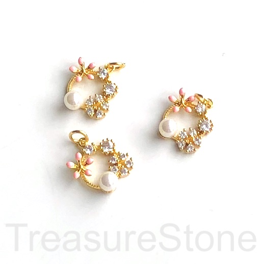 Pave Charm, brass, gold,11x15mm pearl, pink daisy, clear CZ.Ea