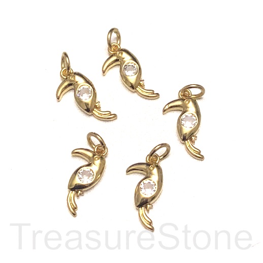 Pave Charm, brass, 7x12mm gold, pelican bird, clear CZ. Ea