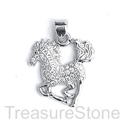 Charm, pendant, brass, silver, 18mm horse, Cubic Zirconia. Each - Click Image to Close