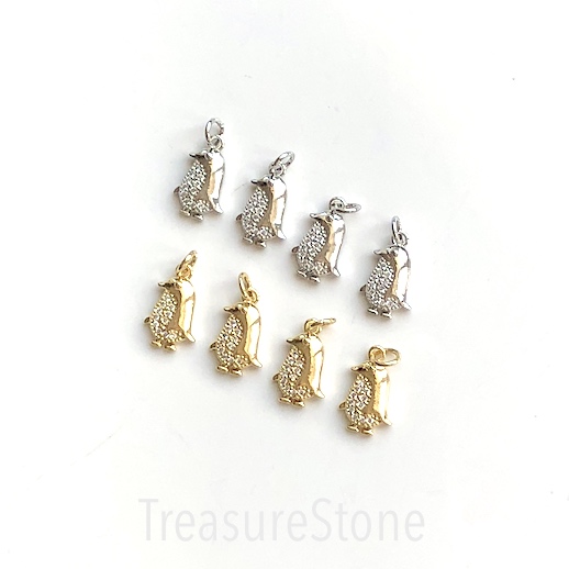 Pave charm Pendant, brass, 9x12mm gold penguin, clear CZ. Ea - Click Image to Close