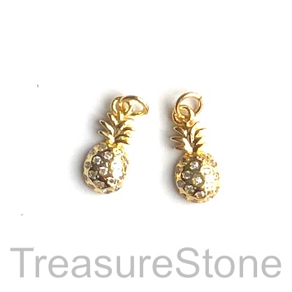 Pave Charm, brass, 6x11mm gold pineapple, Cubic Zirconia. Ea
