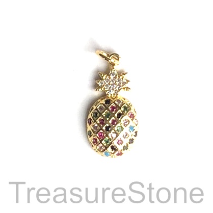 Pave Charm, brass, 10x17 mm gold pineapple, Cubic Zirconia. Each