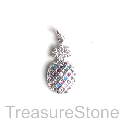 Pave Charm, brass, 10x17 mm silver pineapple, Cubic Zirconia. Ea