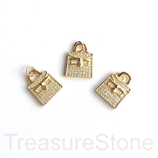 Pave Charm, pendant, brass, 11x14mm gold purse, handbag, CZ. Ea - Click Image to Close