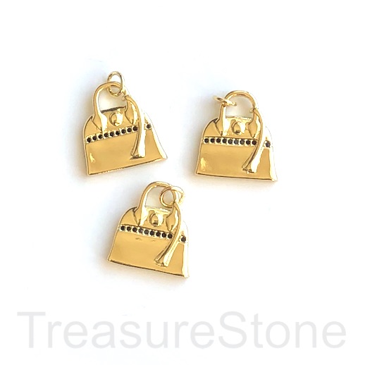Pave Charm, pendant, brass, 15x17mm gold purse, handbag, CZ. Ea