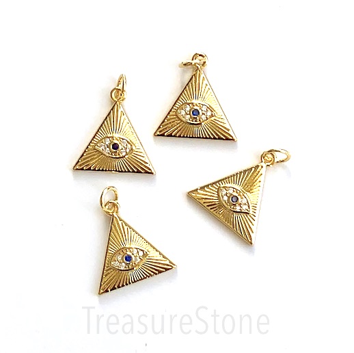 Pave Charm, pendant, brass, gold, 16mm pyramid, evil eye, ea