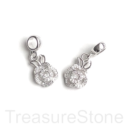 Pave Charm,pendant,brass,13x10mm rose flower, silver,clear CZ.Ea