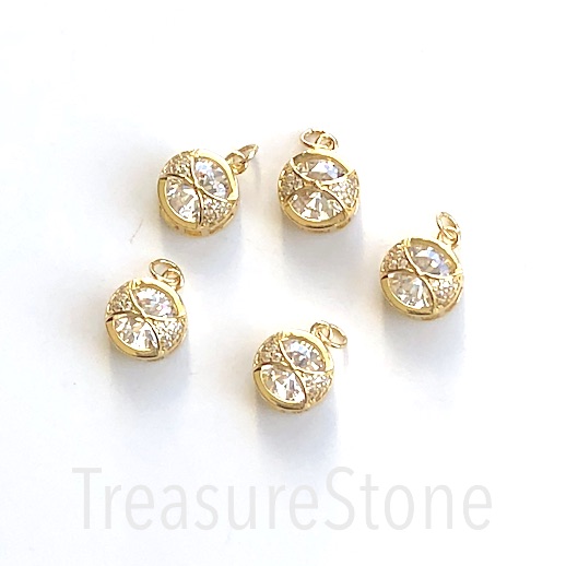 Pave Charm, pendant, brass, 9mm gold round, clear CZ. Ea