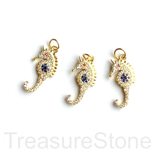 Pave Charm, pendant, 11x18mm gold sea horse, clear, blue CZ.Ea