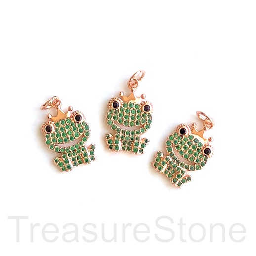 Pave charm, pendant, 11x16mm rose gold smiling frog, green CZ.ea