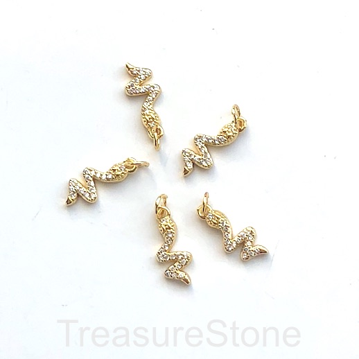 Pave Charm, pendant, gold, 16mm snake, clear CZ Ea