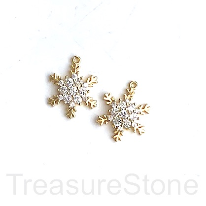 Charm, brass, 12mm gold snowflake, CZ. Ea