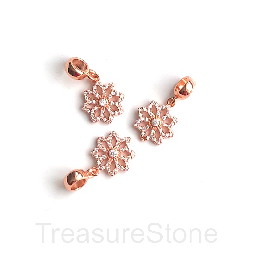 Pave charm, pendant, brass, 13mm rose gold snowflake,clear CZ.Ea