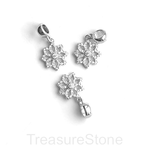 Pave charm, pendant, brass, 13mm silver snowflake, clear CZ.Ea - Click Image to Close