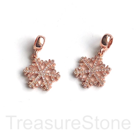 Pave Charm, brass, 16mm snowflake rose gold, clear CZ. Ea