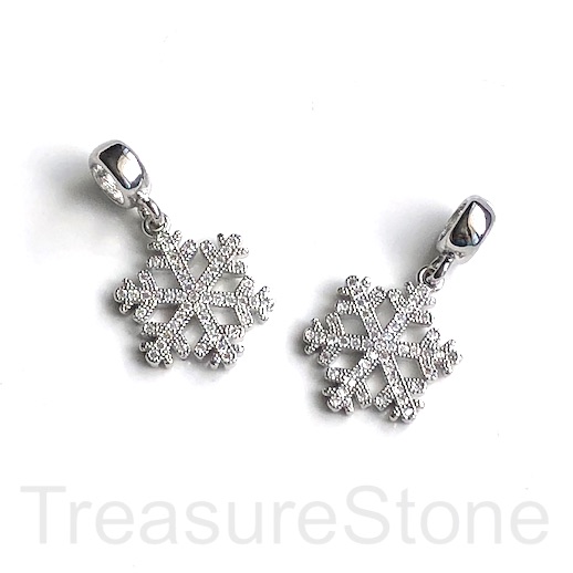 Pave Charm, brass, 16mm snowflake, silver, clear CZ. Ea