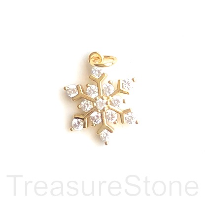 Charm, brass, 13.5mm gold snowflake, CZ. Ea