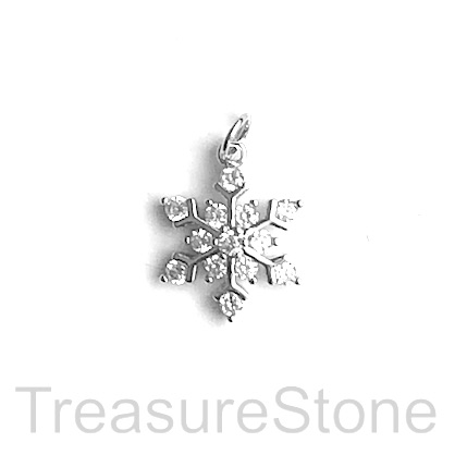 Charm, brass, 13.5mm silver snowflake, CZ. Ea - Click Image to Close