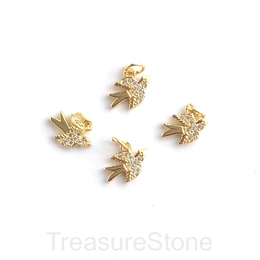 Pave Charm, pendant, brass, 8x12mm gold sparrow bird. Ea