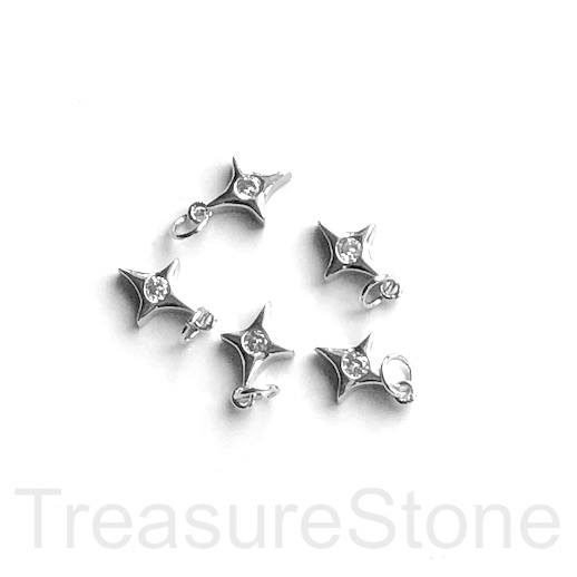 Pave Charm, pendant, brass, 8x10mm star, silver, clear CZ.Ea