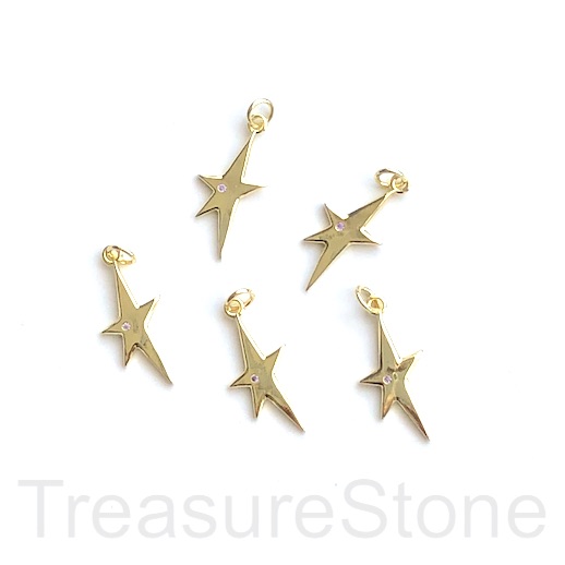 Pave pendant, brass, 10x24mm gold star, clear CZ. Ea