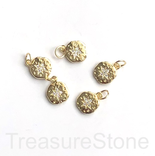 Pave Charm, pendant, 9mm gold coin, clear CZ. Ea