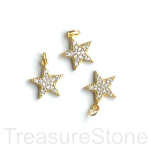 Pave Charm, pendant, 13mm gold star, clear CZ.Ea - Click Image to Close