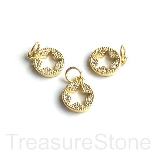 Pave Charm, pendant, 9mm gold star, clear CZ.Ea
