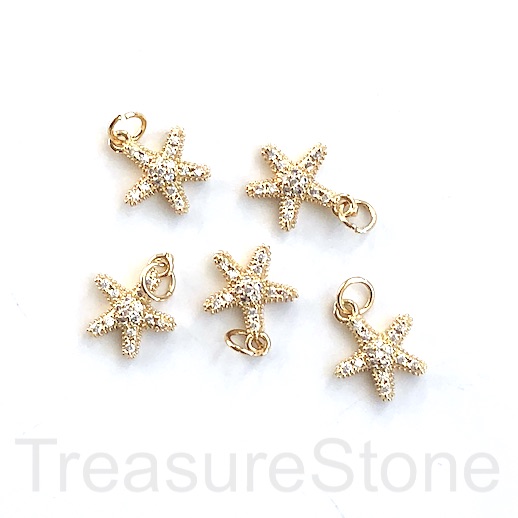 Pave Charm, brass, 11mm starfish, gold, clear CZ. Ea