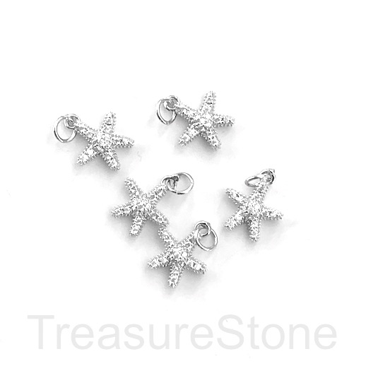 Pave Charm, brass, 11mm starfish, silver, clear CZ. Ea