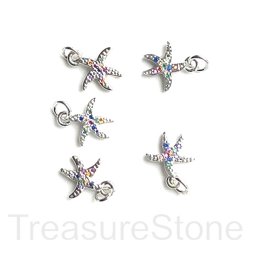 Pave Charm, 14 mm, silver starfish, Cubic Zirconia. Each