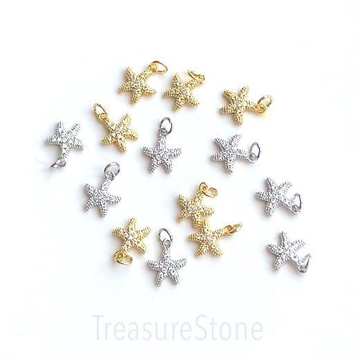 Pave charm Pendant, brass, 11mm gold starfish, clear CZ. Ea