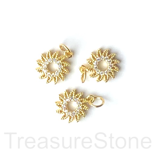 Charm, brass, 12mm gold sun, CZ. Ea - Click Image to Close