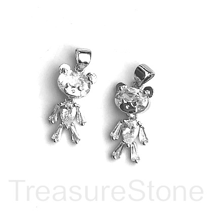 Charm, brass, 10x18mm silver teddy bear, clear CZ. Ea - Click Image to Close