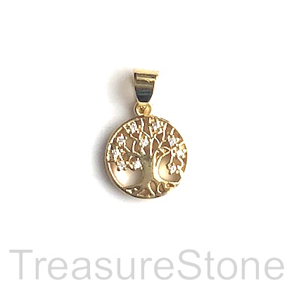 Charm, brass, 12mm gold Tree of Life, CZ. Ea