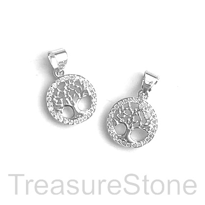 Charm, brass, 12mm silver Tree of Life, CZ. Ea