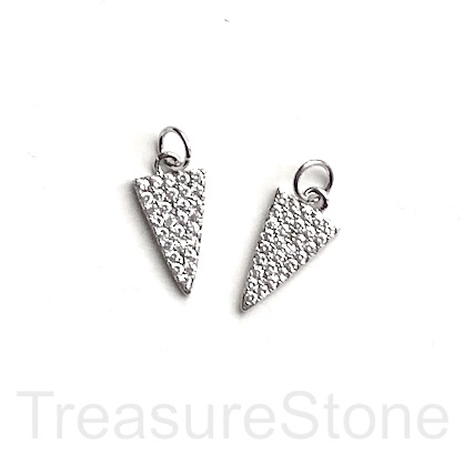 Pave Charm, brass, 8x16mm silver triangle drop, clear CZ. Ea