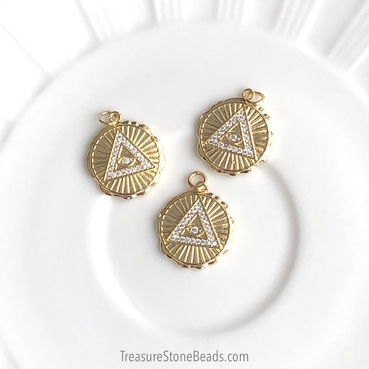 Pave Charm, pendant, 20mm gold triangle, evil eye, clear CZ. Ea