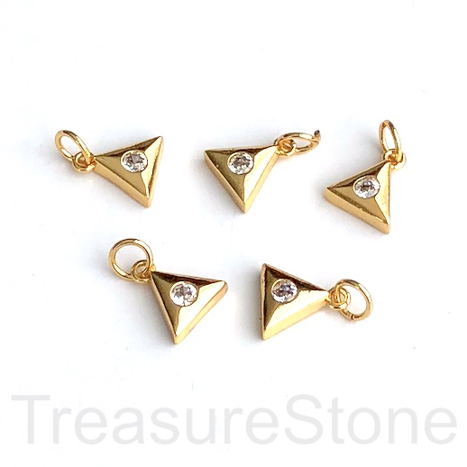 Pave Charm, pendant, brass, 9mm triangle, gold, clear CZ.Ea