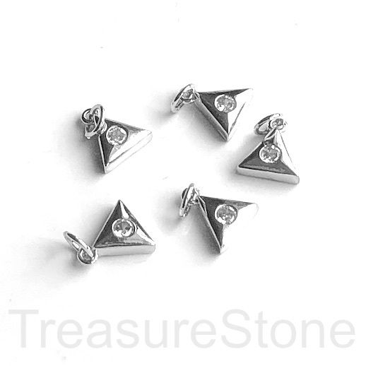 Pave Charm, pendant, brass, 9mm triangle, silver, clear CZ.Ea