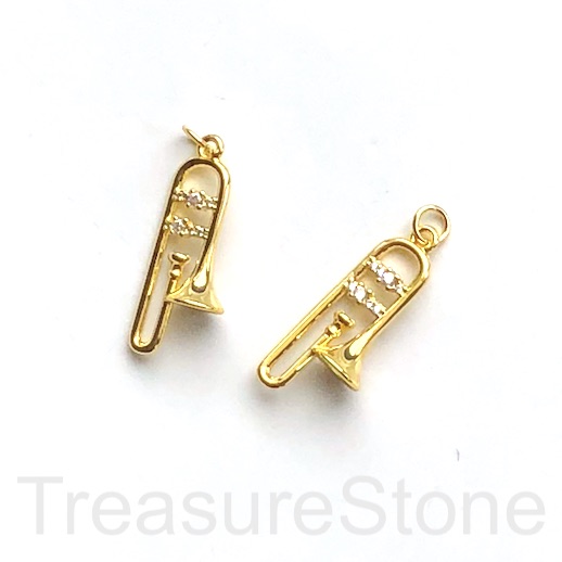 Pave Charm, brass, gold, 9x21mm trumpet, clear CZ. Ea