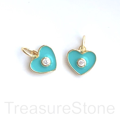 Charm, pave, 9mm enamel turquoise heart, gold. Each