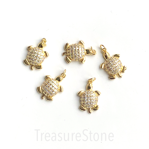 Pave Charm, pendant, brass, 13x18mm turtle, clear CZ. Ea