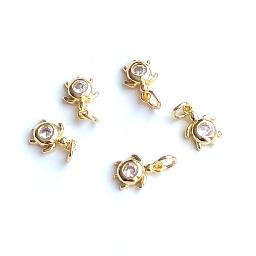 Pave Charm, brass, 7x8mm gold, turtle, clear CZ. Ea