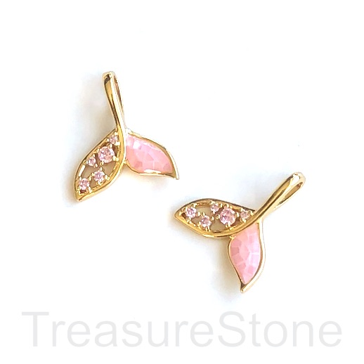 Pave Charm, pendant, 18x20mm gold, pink shell,CZ, whale tail. Ea