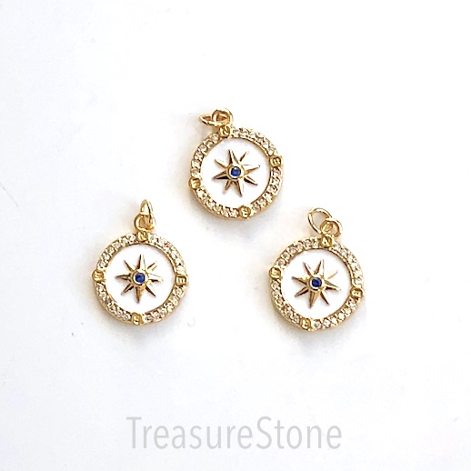 Pave Charm,pendant,brass,13mm gold,white enamel star,clear cz.Ea - Click Image to Close